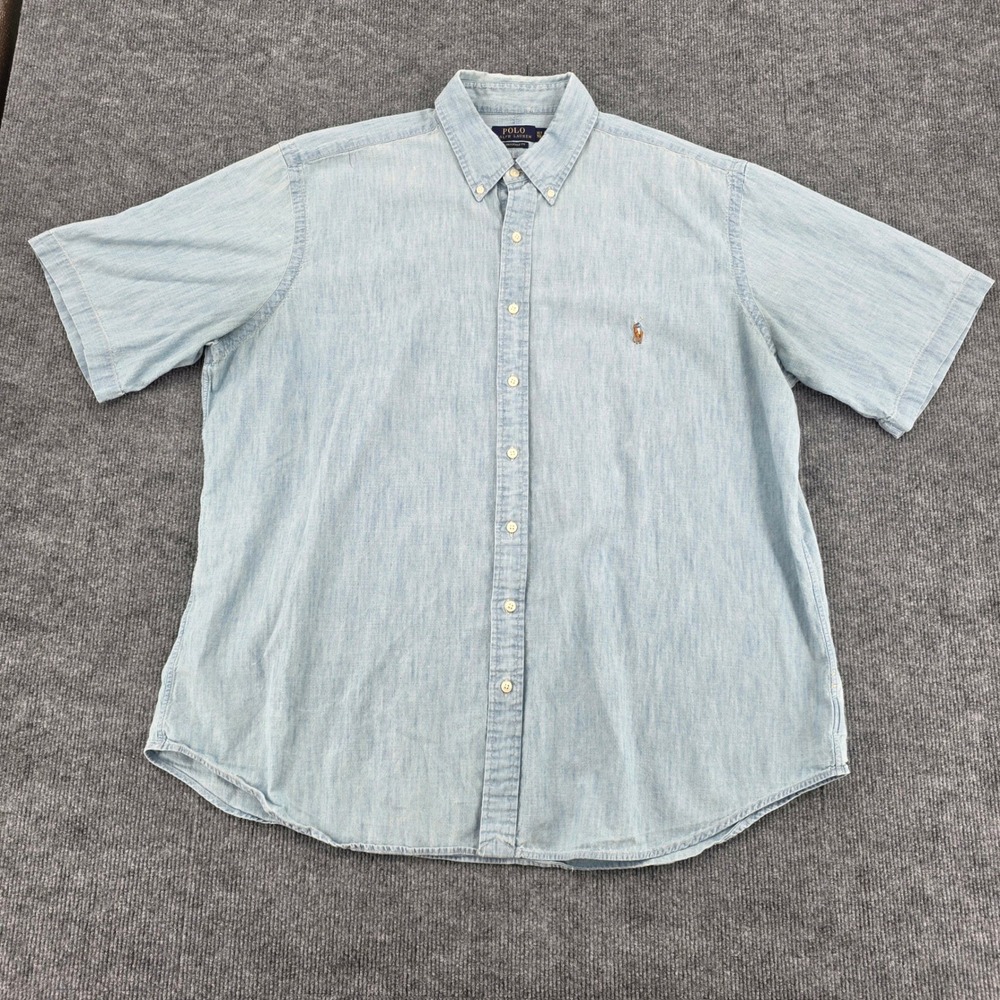 Polo Ralph Lauren Mens XLT Light Blue Chambray Short Sleeve RL Untucked Fit